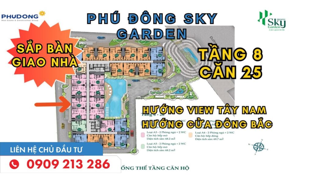 Phú Đông SKy Garden Căn hộ 68m2 bếp mở hướng tây nam cửa chính đông bắc mã số 08 -25