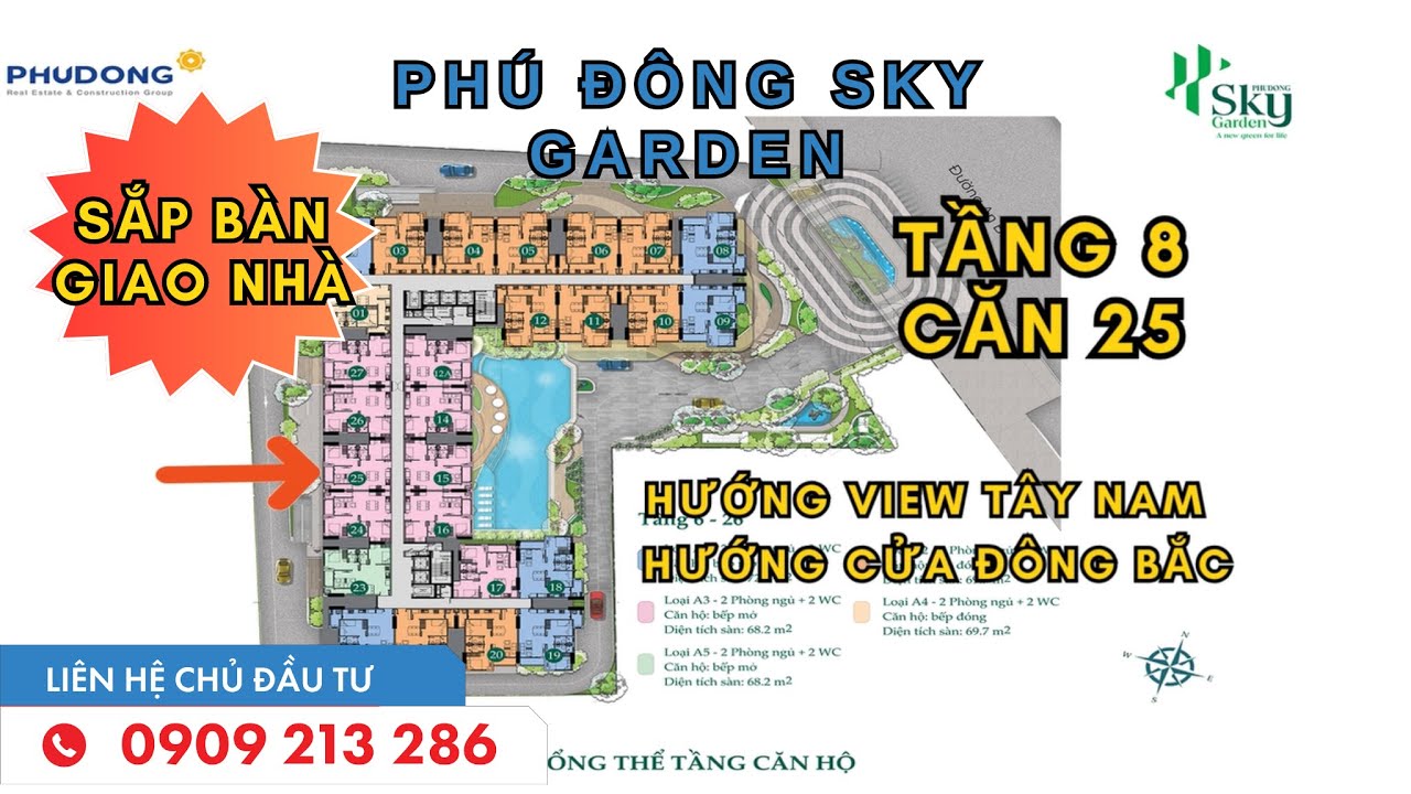 Phú Đông SKy Garden Căn hộ 68m2 bếp mở hướng tây nam cửa chính đông bắc mã số 08 -25